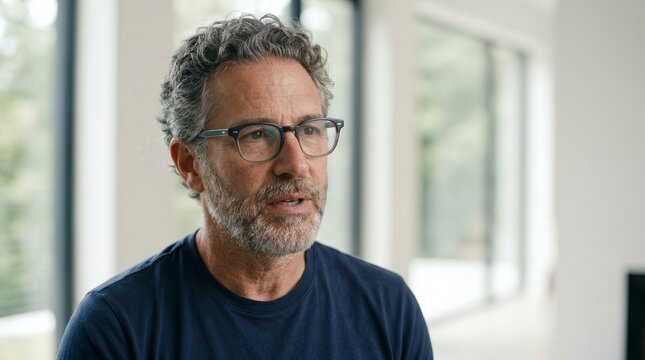 Intimate documentary style shot of a gray-haired man wearing glasses in a minimalistic setting.