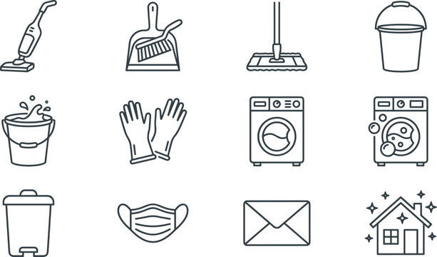 Set of thin line household and cleaning icons representing professional janitorial tools and daily chores.