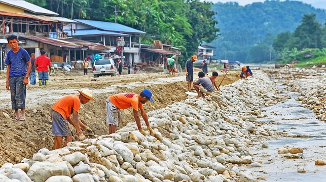 Rural community workers building a protective stone check dam along a riverbed to prevent erosion in a remote village setting