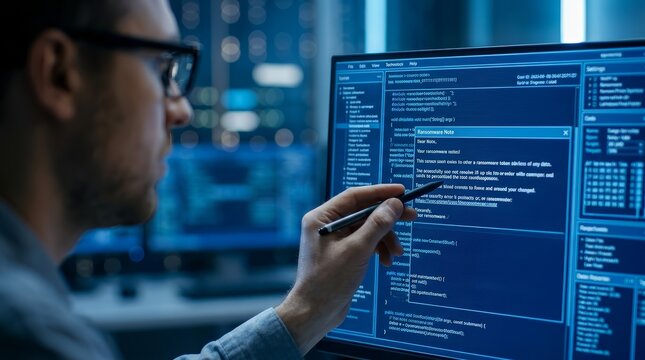 Technician in a tech lab environment conducting analysis of a ransomware note on screen.