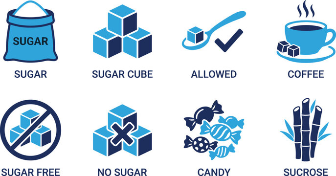 Sweetener and sugar concept icons showing bag cube coffee cup candy and sucrose plant for dietary labeling.
