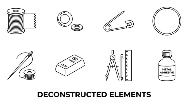 Set of deconstructed elements for design linear icons, sewing, crafting, and award making.