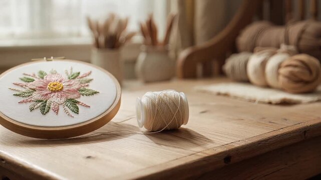 Intricate floral embroidery hoop with thread spool on a wooden surface