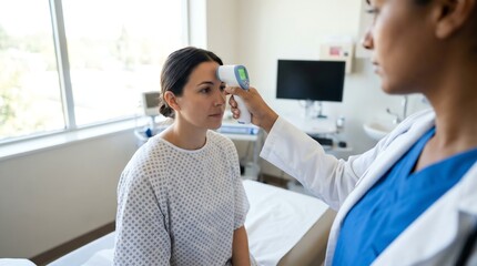 Obraz premium Doctor Conducting Patient Health Check up with Non Contact Thermometer to Assess Fever
