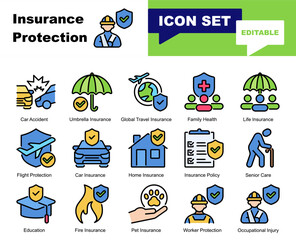 Fototapeta premium Insurance Protection icon set. Vector symbols for Care, Claim, Coverage, Financial, Guarantee, Insurance, Policy, Protection, Risk, Security