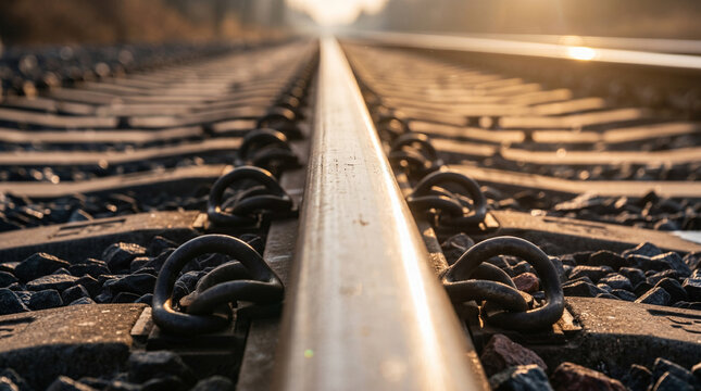 Close-up railway track perspective with steel rail, fasteners, gravel, and warm sunlight glow &mdash; transportation infrastructure, engineering, travel, industry concept