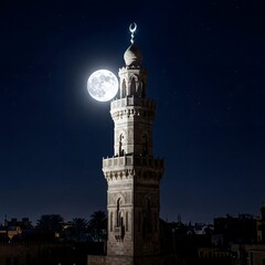 Obraz premium Full Moon Over a Mosque Minaret, A Beautiful Scene for Islamic New Year Celebrations