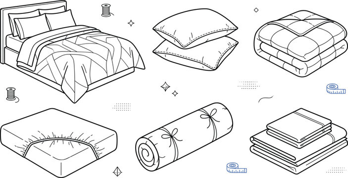 Bedroom bedding textiles and home comfort vector line art set featuring bed pillows quilt mattress sheets sticker collection.
