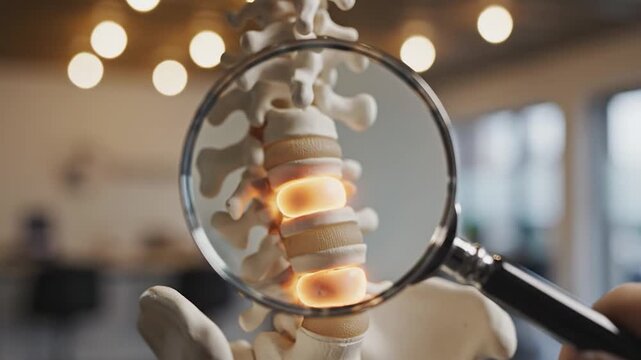 Human spine model being examined through a magnifying glass with glowing yellow vertebrae indicating back pain or disc injury in a clinical environment