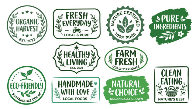 Collection of green food labels and badges for organic products
