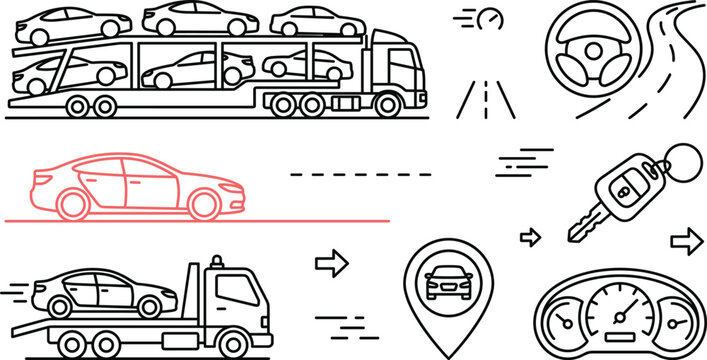 Car transport logistics icon set vector illustration with carrier truck tow sedan steering wheel key line art stickers