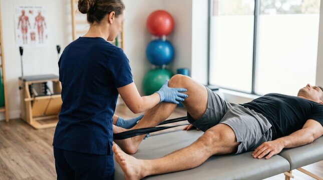 Female physiotherapist assisting male patient with knee rehabilitation exercise using resistance band in bright physical therapy clinic with medical equipment
