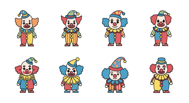 Colorful cartoon clowns in festive costumes with hats, cheerful face expressions, perfect for party decoration, children's entertainment, and carnival themes.