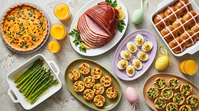 Easter brunch food spread with glazed ham, deviled eggs and quiche, festive holiday breakfast table with hot cross buns and orange juice