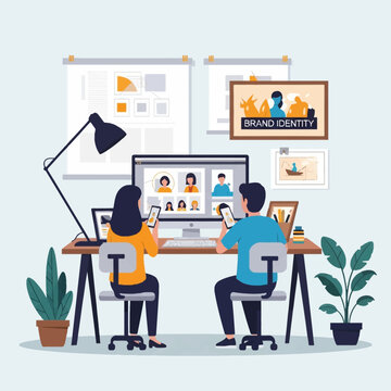 Flat vector illustration of a male and female professional collaborating on brand identity at a desk with computer, mobile phones, and various wall charts in a modern office studio.