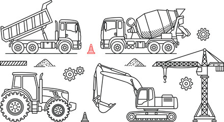 Construction heavy machinery vehicle icon set vector illustration with dump truck concrete mixer excavator crane tractor line art © Hafizul
