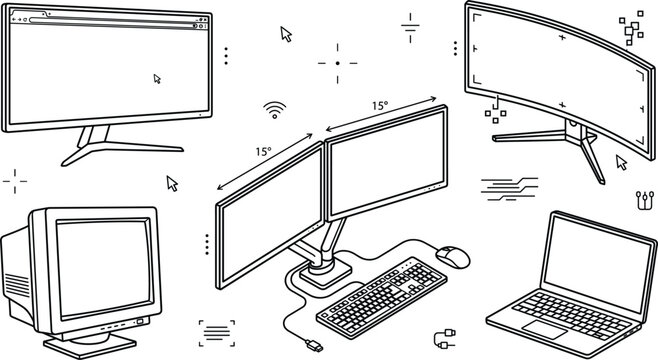 Computer monitor display screen laptop icon set with dual workstation curved screen crt television linear vector outline elements
