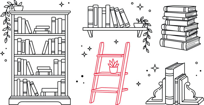 Cozy home library bookshelf element set featuring book stacks wall shelves ladder plant pot and line bookends icons