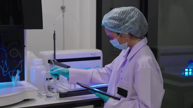 Young researchers are analyzing samples and taking notes in the science lab. A team of lab technicians is working with microscopes and recording research data.