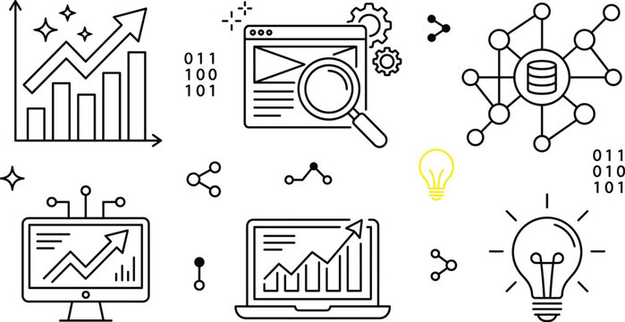 Data analysis technology business growth icon set vector illustration with computer laptop network chart lightbulb line art stickers