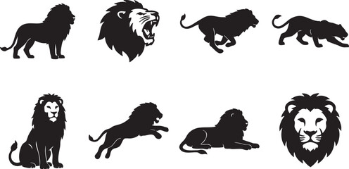 Lion silhouettes, black lion icons, 8 lion graphics, vector lion illustrations, animal icons © Yasir