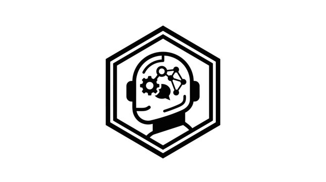 Artificial intelligence head icon with gears and network connections.