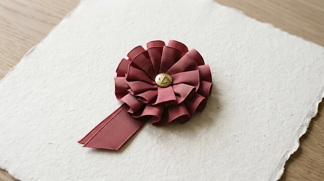 Detailed view of a handcrafted burgundy ribbon rosette with a golden center accent on textured paper