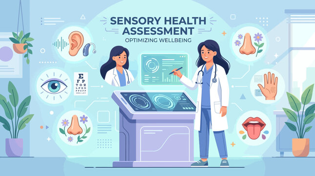 Sensory Health Assessment Illustration: Medical Professional, Wellness Concept
