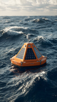 Smart solar-powered buoy floating in a rough sea for ocean conservation technology, climate weather forecasting, monitoring, tsunami warning system, and marine renewable energy data.