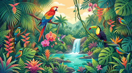 Vibrant jungle landscape teeming with exotic birds and lush tropical flora, featuring a waterfall cascading into a serene pool, evoking a sense of pristine wilderness and natural beauty, M (6) © john