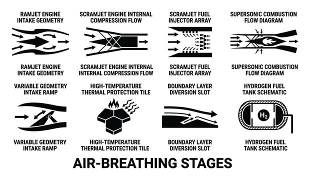 Air breathing stages explained ramjet scramjet intake geometry fuel injection thermal protection hydrogen fuel tank schematic.