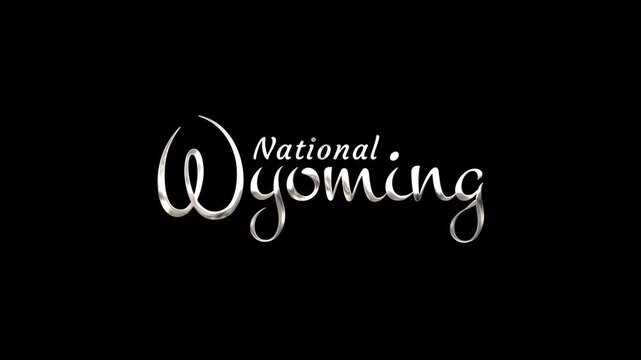 Silver national wyoming text logo typography for branding on black background. Suitable for display in graphic design projects.