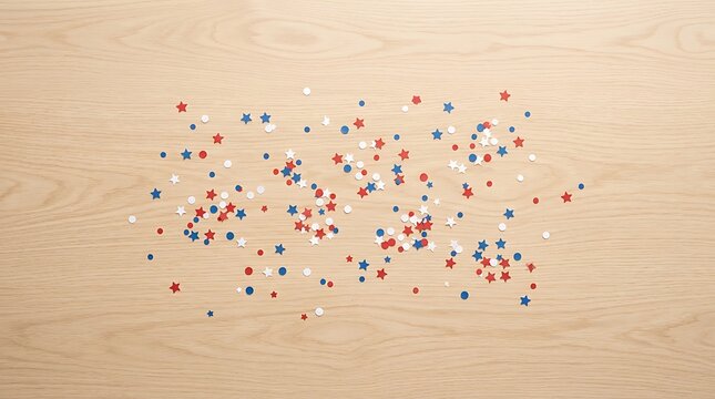 Scattered red white and blue star and dot confetti on a light brown wooden surface creating a festive scattered pattern