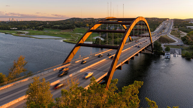 Pennybacker Bridge - An Autumn Evening overview of the famous Pennybacker Bridge over Colorado River in west Austin, Texas, USA. 