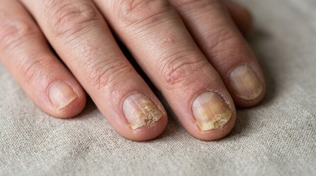 Fungal infection on fingernails closeup.