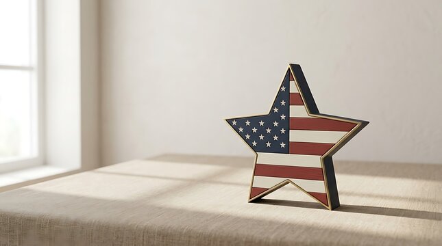 Wooden star decoration with american flag pattern on a textured surface near a window ornament
