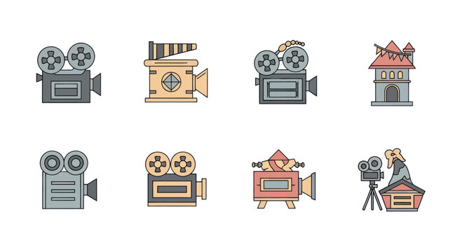 Collection of vintage film cameras and equipment icons for media, cinema, photography, filmmaking, and entertainment industry design