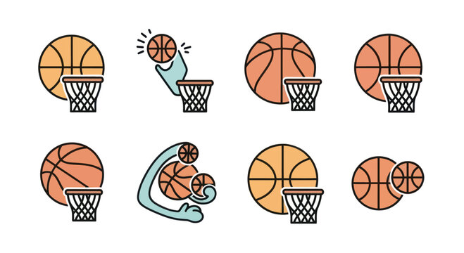 Colorful basketball illustration with hoop, ball, and action scenes for sports, exercise, or game-themed design, perfect for youth, gym, team, competition, or activity use