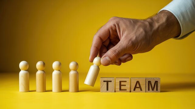 Peg Dolls and Wooden Cubes Spelling Team, with a Hand Placing a Pef Doll Next to the Word, Against a Vibrant Yellow Background, Symbolizing Teamwork