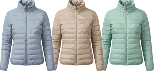 Women's quilted puffer jacket collection isolated vector illustration for winter fashion outerwear apparel and clothing design © Prodip