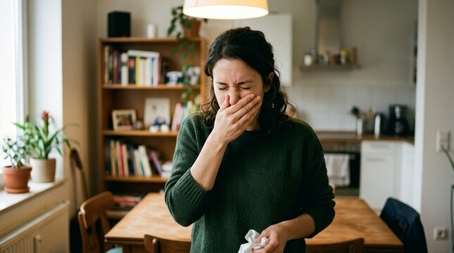 Woman experiencing morning sickness indoors.