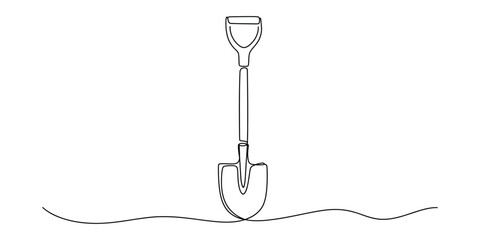 Continuous one line drawing of a garden shovel tool in the ground © Shuvo Mohonto