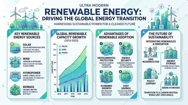Driving the Global Energy Transition A detailed infographic showcasing renewable energy's pivotal role, benefits, growth trends, and future sustainability pathways