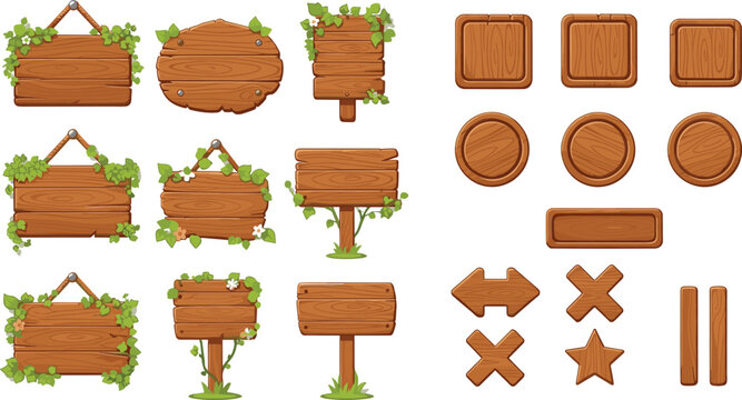 Wooden signboard collection with vine decorations isolated vector illustration for game assets navigation signs and rustic design
