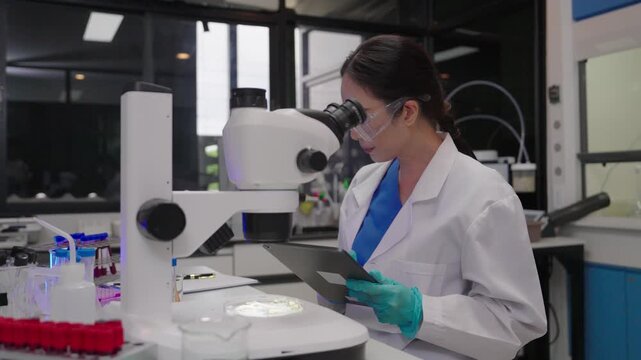 Young researchers are analyzing samples and taking notes in the science lab. A team of lab technicians is working with microscopes and recording research data.