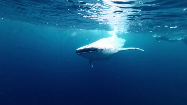 Underwater close encounter with massive spotted whale shark swimming near snorkelers just below ocean surface in open blue water Philippines