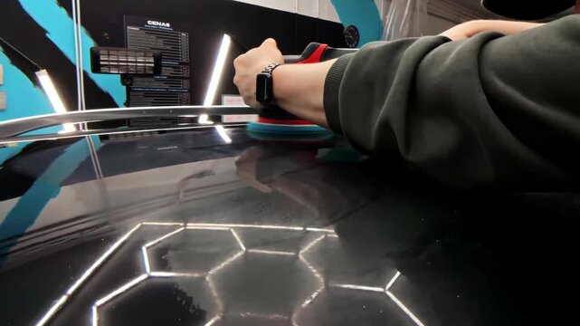 Worker Using Rotary Buffer To Polish Glossy Black Car Surface, Overhead Hexagonal LED Lights Reflecting. close-up shot