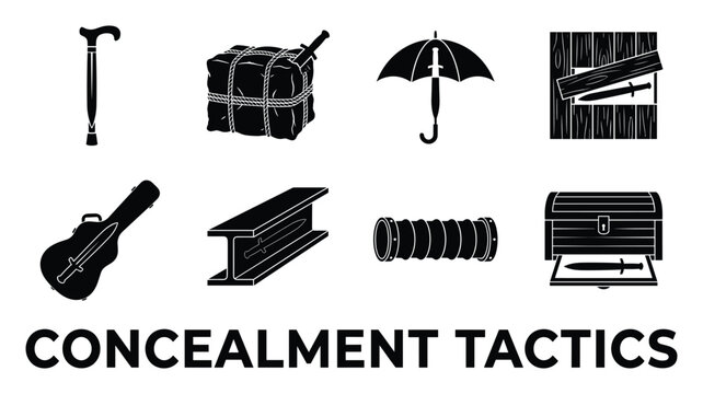 Concealment tactics weapons disguised as everyday objects solid black icons.