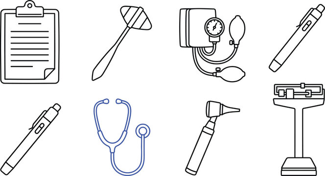 Medical diagnostic checkup tool icon set featuring tonometer stethoscope reflex hammer otoscope scale pen and clipboard line icons