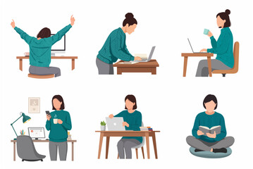 Fototapeta premium Woman working from home flat vector illustration set, female character in various poses for remote work, study, and daily routine concept